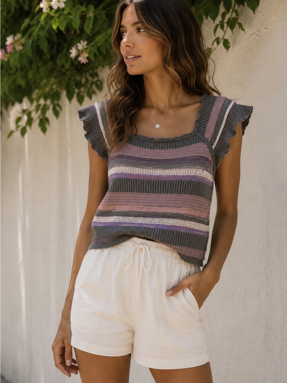 INTIQUE Crochet Knit Top Striped Ruffle Cap Sleeve Purple Gray Size M Coquette